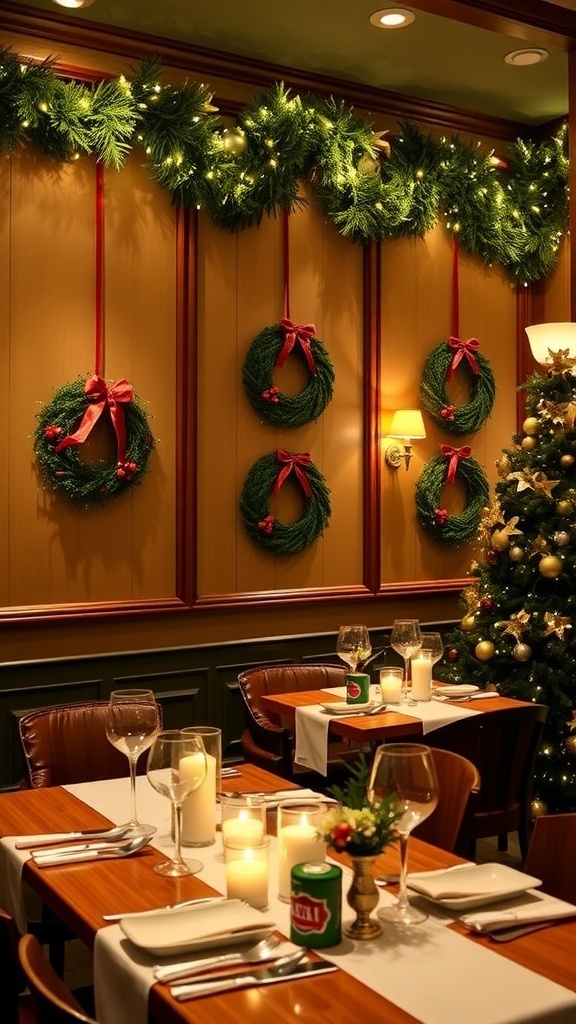 A festive restaurant interior decorated for Christmas with wreaths, lights, and table centerpieces.